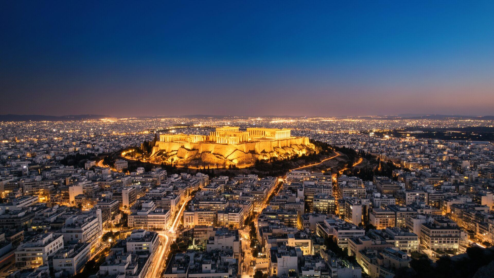 Αφηρημένη απεικόνιση δικτύου οπτικών ινών πάνω από την Αθήνα